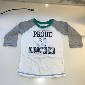 Mudpie proud big brother shirt NWT size 2T-3T, green collar with grey sleeves.
